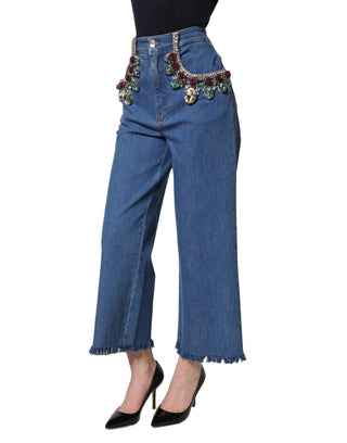 Blue Embellished Wide Cropped Denim Jeans