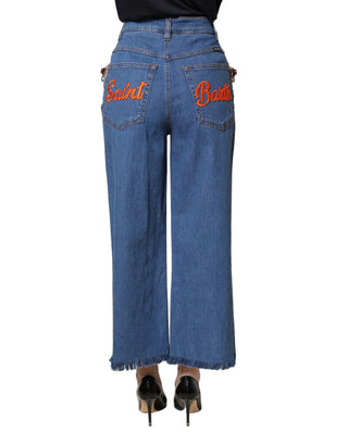 Blue Embellished Wide Cropped Denim Jeans