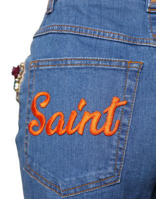 Blue Embellished Wide Cropped Denim Jeans