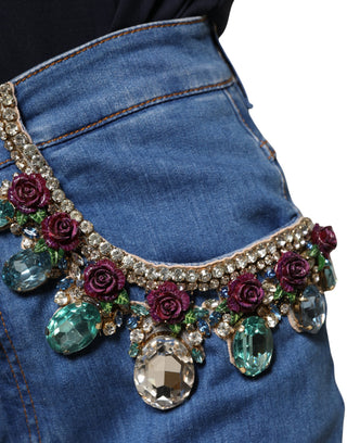 Blue Embellished Wide Cropped Denim Jeans