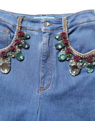Blue Embellished Wide Cropped Denim Jeans
