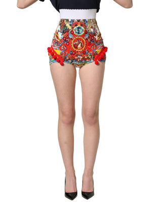 Shorts multicolor de brocado con joyas y cintura alta