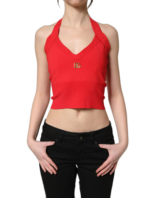 Top corto sin mangas de tirantes halter de viscosa roja