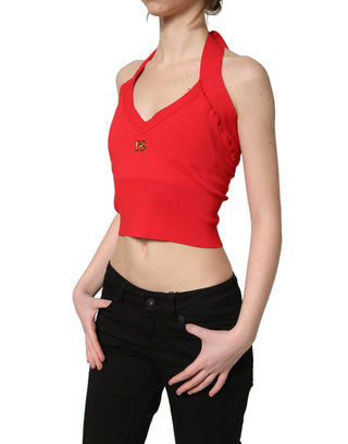 Top corto sin mangas de tirantes halter de viscosa roja