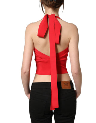 Top corto sin mangas de tirantes halter de viscosa roja
