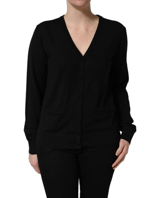 Black Wool Knit Button Cardigan Sweater