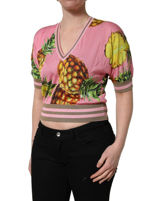 Pink Pineapple Vneck Short Sleeve Cropped Top