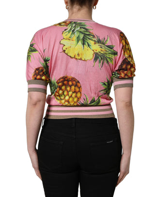 Pink Pineapple Vneck Short Sleeve Cropped Top