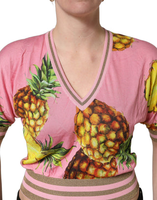 Pink Pineapple Vneck Short Sleeve Cropped Top