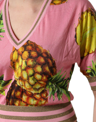 Pink Pineapple Vneck Short Sleeve Cropped Top