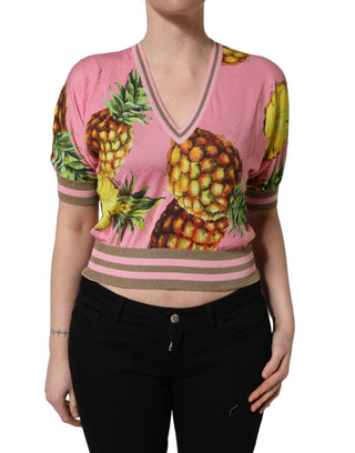Pink Pineapple Vneck Short Sleeve Cropped Top