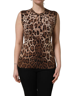 Brown Leopard Crew Neck Sleeveless Tank Top