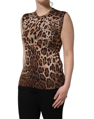 Brown Leopard Crew Neck Sleeveless Tank Top