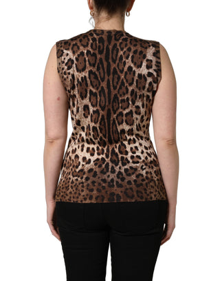 Brown Leopard Crew Neck Sleeveless Tank Top