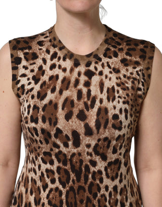Brown Leopard Crew Neck Sleeveless Tank Top