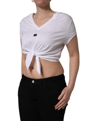 White Logo Embroidered TieWaist Cropped Top