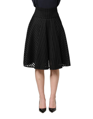 Cotton Striped Flared Silhouette Aline Midi Black