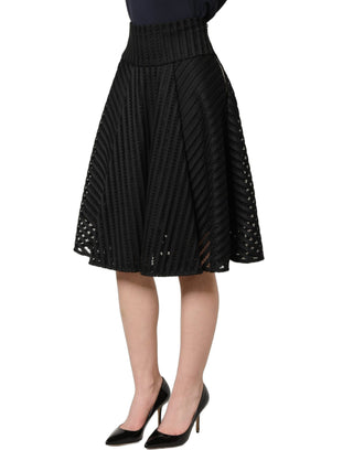 Cotton Striped Flared Silhouette Aline Midi Black