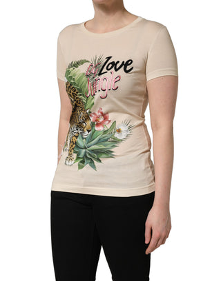 Beige Jungle Print Cotton Round Neck T-Shirt