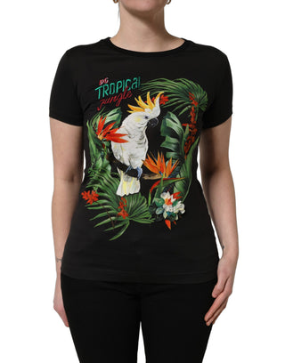 Black Tropical Print Cotton Round Neck T-Shirt