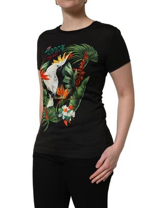 Black Tropical Print Cotton Round Neck T-Shirt