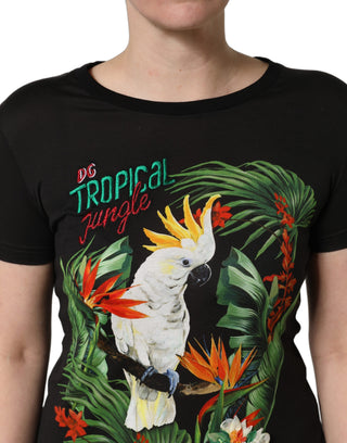 Black Tropical Print Cotton Round Neck T-Shirt