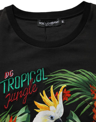 Black Tropical Print Cotton Round Neck T-Shirt
