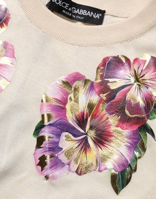 Beige Floral Print Silk CrewNeck Pullover Top