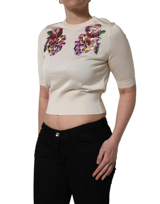 Beige Floral Print Silk CrewNeck Pullover Top