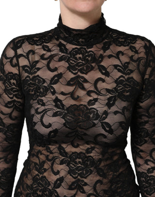 Black Floral Lace Turtle Neck Long Sleeve Top