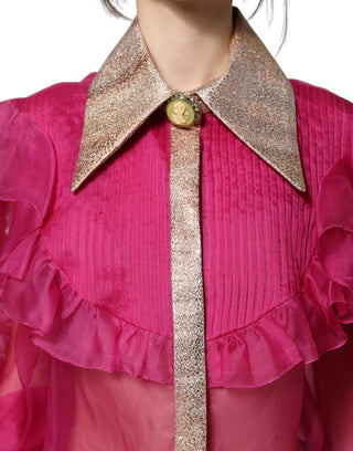 Fuchsia Sheer Chiffon Buttoned Blouse Top
