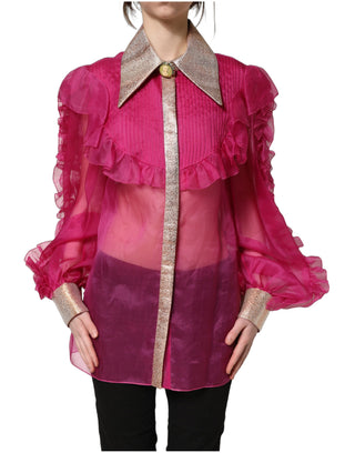 Fuchsia Sheer Chiffon Buttoned Blouse Top