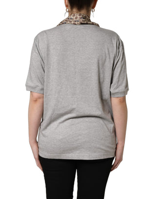 Gray Cotton V-neck Owl Silk Scarf Top T-shirt