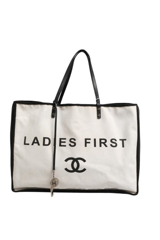 Ladies First White and Black Canvas Shopper Tote Bag