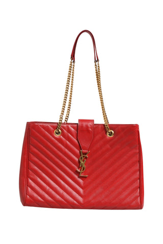 Red Chevron Quilted Grained Leather Monogram Tote Bag