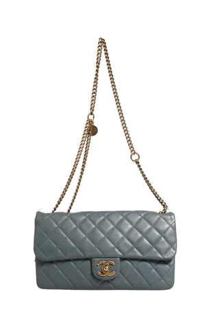 Blue Quilted Leather Crown Flap Shoulder Bag
