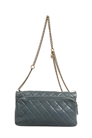 Blue Quilted Leather Crown Flap Shoulder Bag