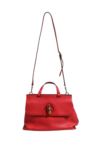 Red Leather Bamboo Daily Tote Crossbody Bag