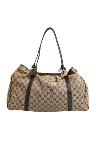 Bolso tote mediano gemelo de lona beige y negro