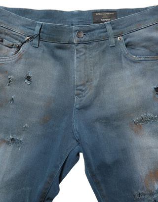 Blue Distressed Mid Waist Skinny Denim Jeans