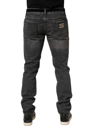 Dark Grey Distressed Mid Waist Denim Jeans