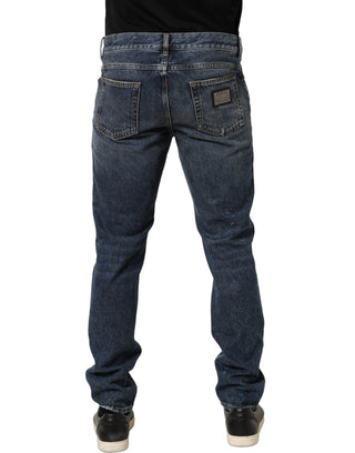 Dark Blue Washed Mid Waist Straight Men Denim Jeans