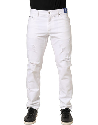 White Cotton Ripped Slim Fit Men Denim Jeans