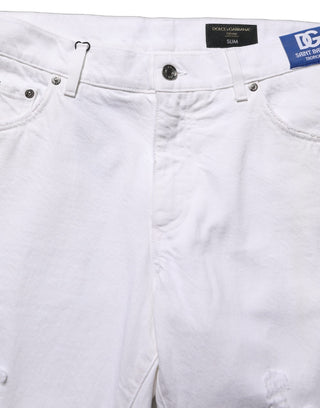 White Cotton Ripped Slim Fit Men Denim Jeans