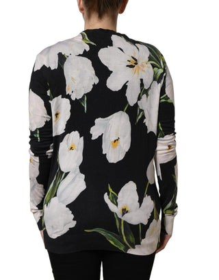 Black Floral Cashmere Silk Cardigan Sweater