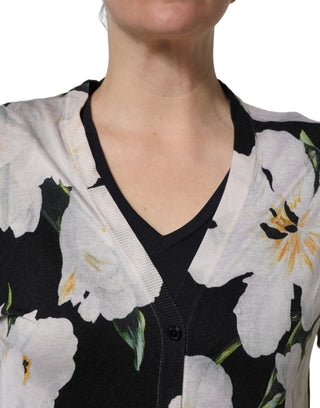 Black Floral Cashmere Silk Cardigan Sweater
