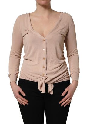Beige Ribbed V-neck Front Tie Cardigan Sweater
