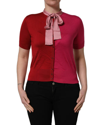 Pink Short Sleeves Buttoned Ascot Collar Top