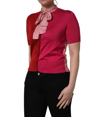Pink Short Sleeves Buttoned Ascot Collar Top