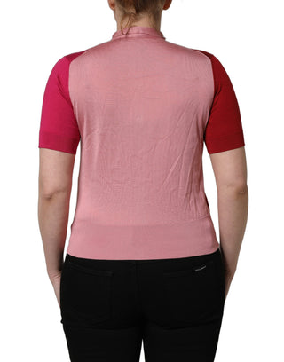 Pink Short Sleeves Buttoned Ascot Collar Top